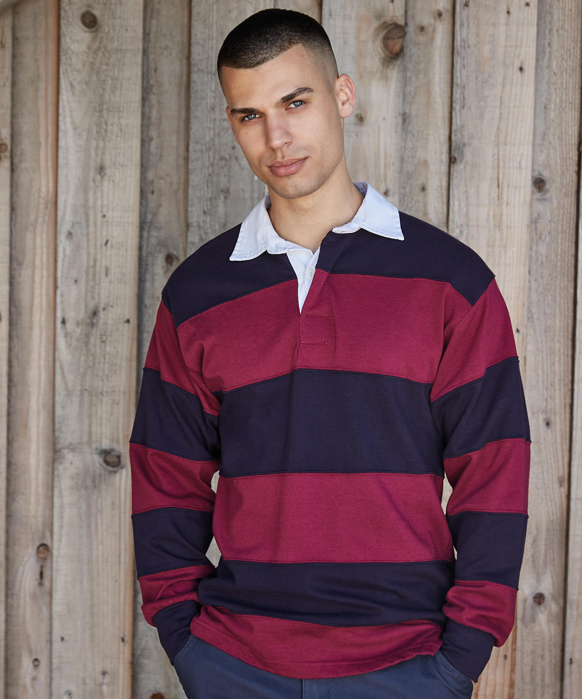FR08M Sewn stripe long sleeve rugby shirt