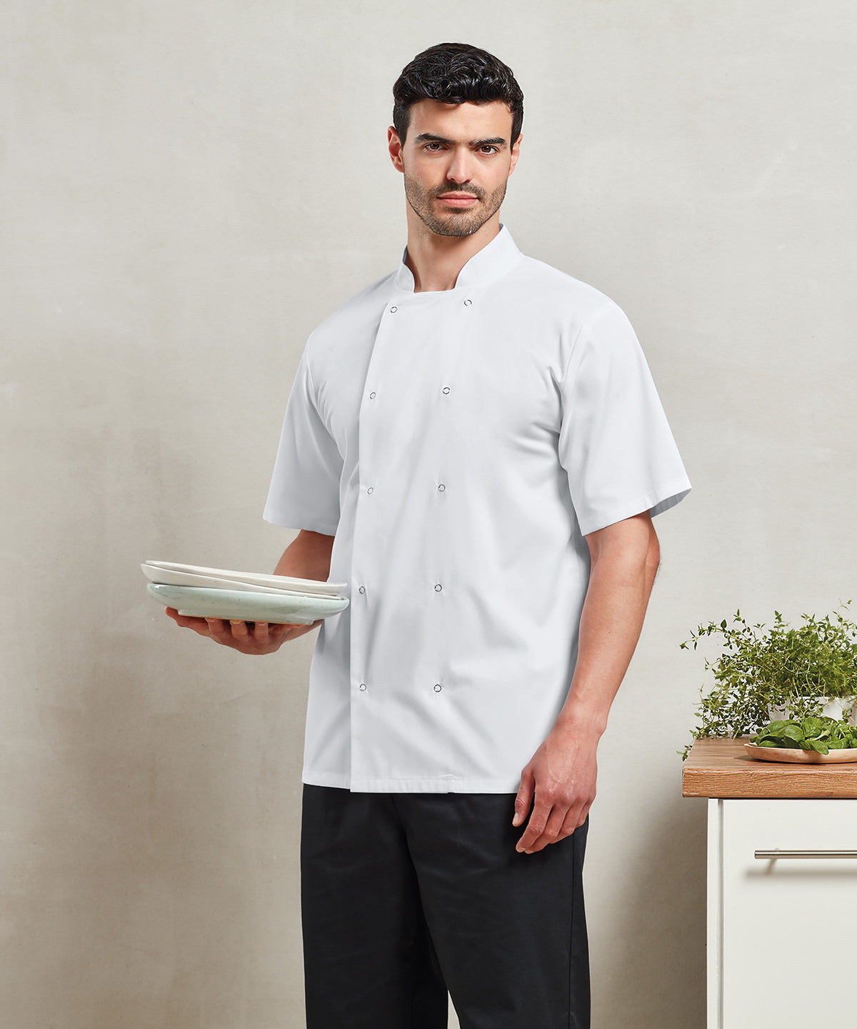 PR664  Studded front short sleeve chef's jacket