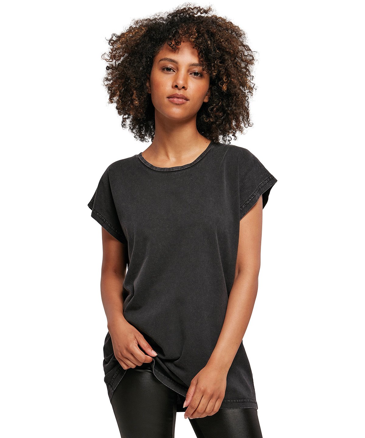 BY053 Women's acid washed extended shoulder tee