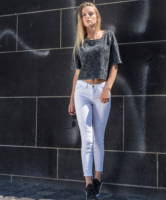 BY054 Women's acid washed cropped tee
