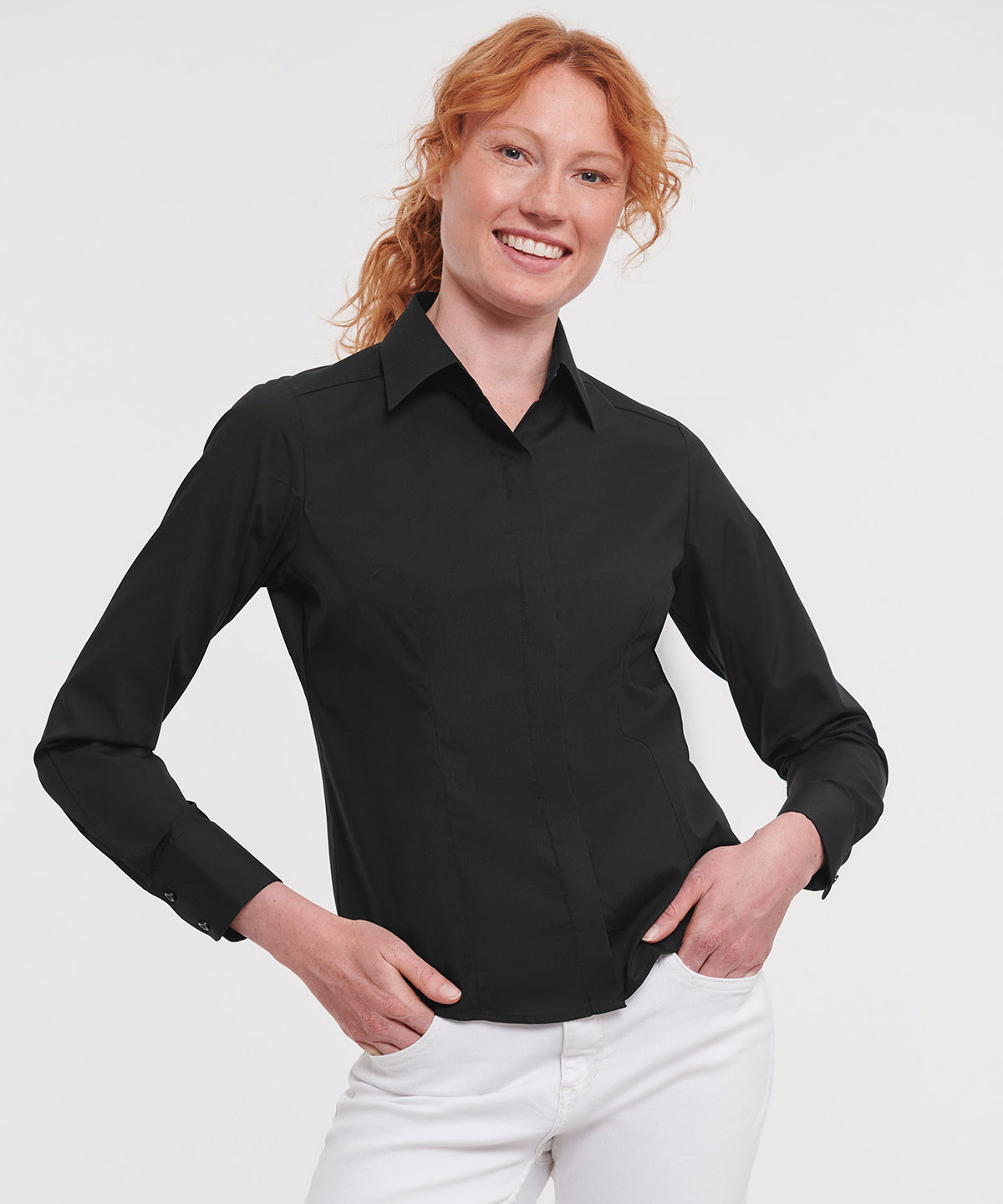 J924F Women's long sleeve polycotton easycare fitted poplin shirt
